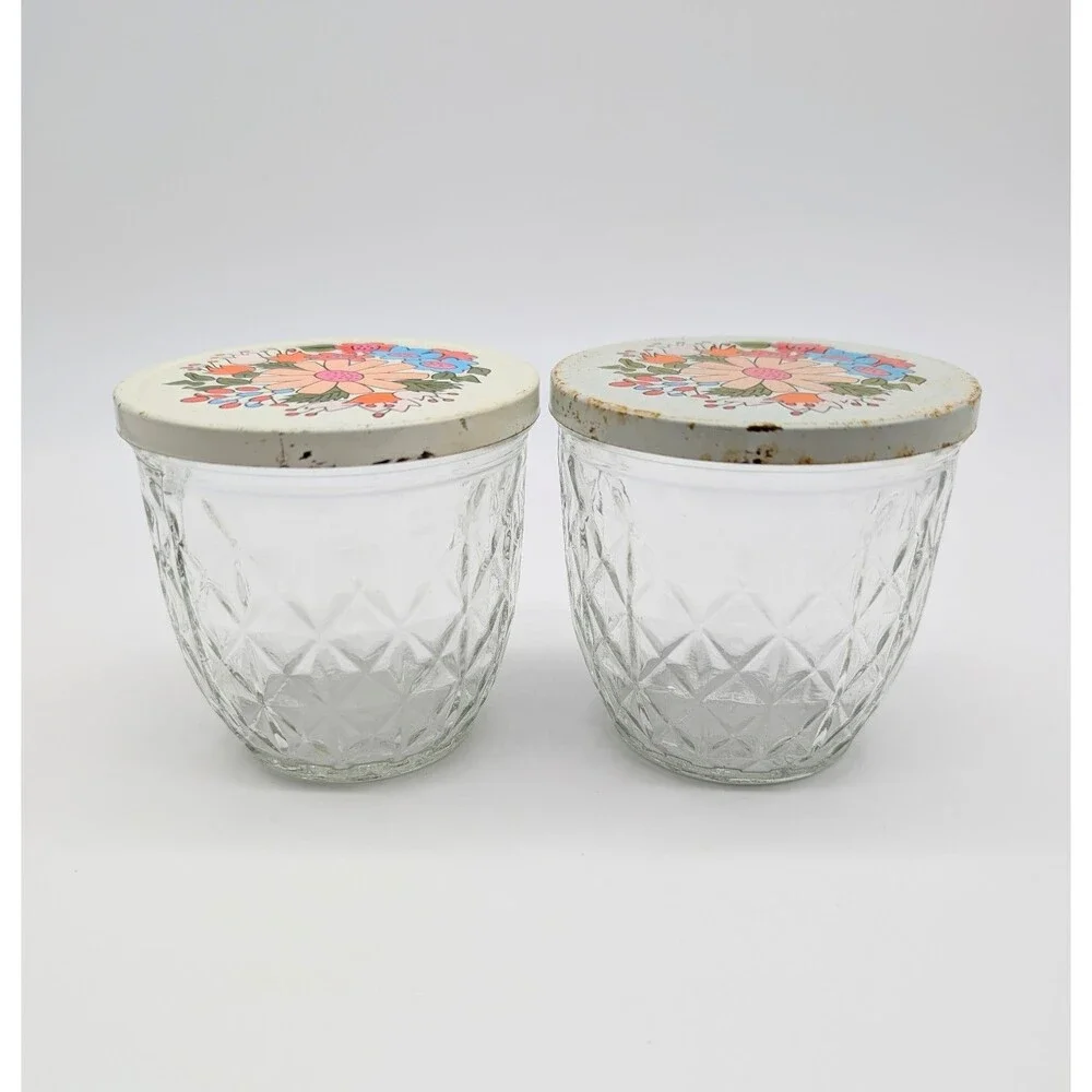 2 BALL Quilted Crystal Glass Jars W/Tin Snap-On Lid Off-white Flower MOD Retro